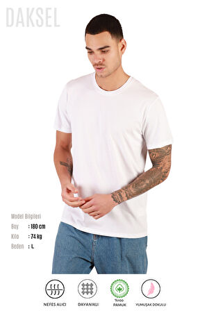Erkek Beyaz %100 Pamuk'lu Relax Fit Kesim Bisiklet Yaka Basic Daksel Tişört