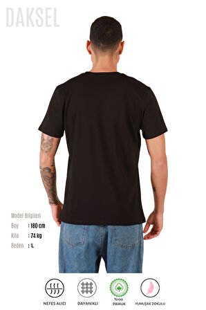 Erkek Siyah %100 Pamuk'lu Relax Fit Kesim Bisiklet Yaka Basic Daksel Tişört
