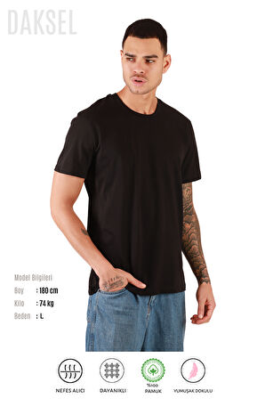 Erkek Siyah %100 Pamuk'lu Relax Fit Kesim Bisiklet Yaka Basic Daksel Tişört