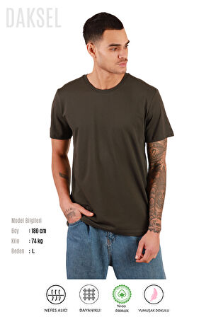 Erkek Haki %100 Pamuk'lu Relax Fit Kesim Bisiklet Yaka Basic Daksel Tişört