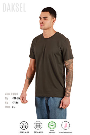 Erkek Haki %100 Pamuk'lu Relax Fit Kesim Bisiklet Yaka Basic Daksel Tişört