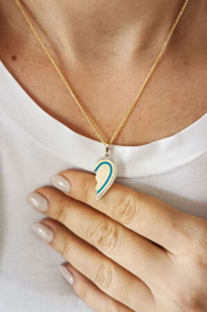 Altın Yarım Kalp Mavi Mineli Kolye