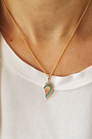 Altın Yarım Kalp Mavi Mineli Kolye