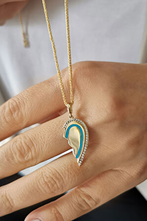 Altın Yarım Kalp Mavi Mineli Kolye