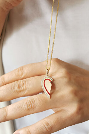 Altın Yarım Kalp Kırmızı Mineli Kolye