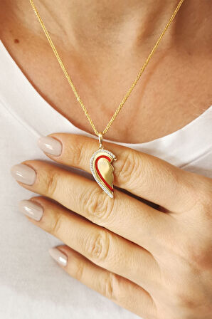 Altın Yarım Kalp Kırmızı Mineli Kolye