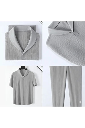Alaçatı Stili Erkek Bürümcük Krinkıl Kumaş Yazlık Likralı Polo Yaka Tshirt ve Eşofman Takım kombini