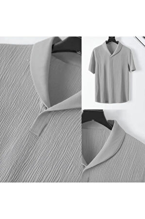 Alaçatı Stili Erkek Bürümcük Krinkıl Kumaş Yazlık Likralı Polo Yaka Tshirt ve Eşofman Takım kombini