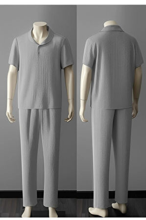 Alaçatı Stili Erkek Bürümcük Krinkıl Kumaş Yazlık Likralı Polo Yaka Tshirt ve Eşofman Takım kombini