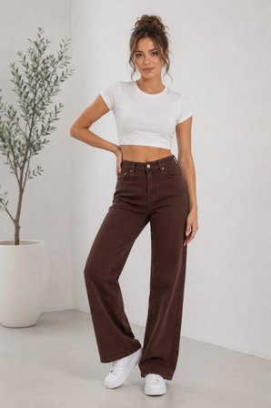 Nova Kadın Yüksek Bel Kaahverengi Salaş Jeans Wide Leg Geniş Paça Palazzo Kot Pantolon