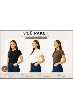 Body Bisiklet Yaka Yarım Kol örme kumaş viskon body kadın 3 lü paket