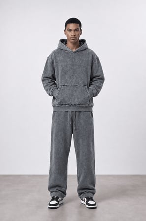 Erkek Pis Dikiş Detaylı Yıkamalı Basic Oversize Hoodie Gri