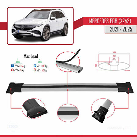 Mercedes EQB (X243) 2021 ve Sonrası ile Uyumlu FLY Model Ara Atkı Tavan Barı Gri 3 Adet