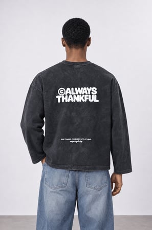 Erkek Always Baskılı Yıkamalı Oversize Long Sleeve Siyah