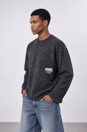 Erkek Always Baskılı Yıkamalı Oversize Long Sleeve Siyah