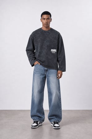 Erkek Always Baskılı Yıkamalı Oversize Long Sleeve Siyah