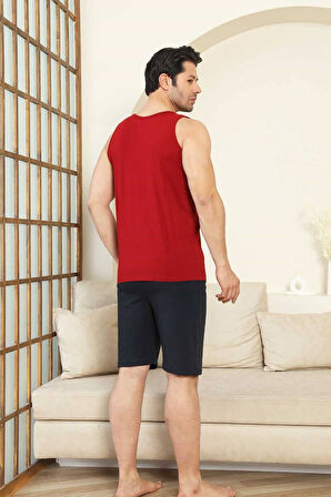 Erkek Bisiklet Yaka Düğmesiz %100 Pamuk Atlet Sporcu Kol Cepli Şortlu Pijama Takımı