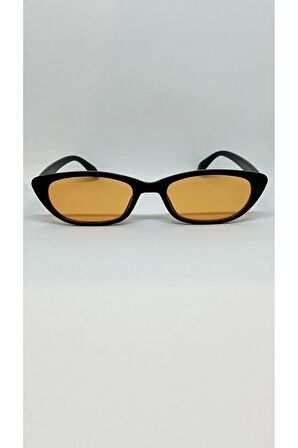 Retro Turuncu Camlı Siyah Çerçeveli Unisex Küçük Çekik Güneş Gözlüğü