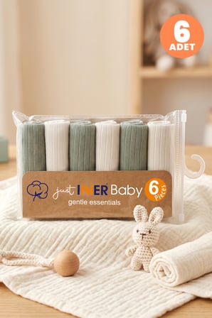Just Inner Erkek Bebek 6'lı %100 Pamuk Ağız Mendili Düz Renk Dokulu Kutulu Set Nefes Alan Doku (5822
