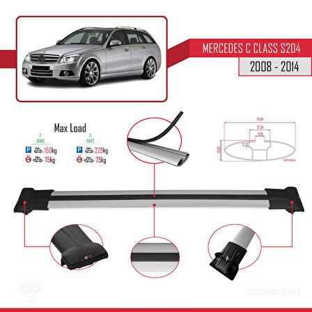 Mercedes C Class 3 (S204) 2008-2014 Arası ile Uyumlu FLY Model Ara Atkı Tavan Barı Gri 2 Adet
