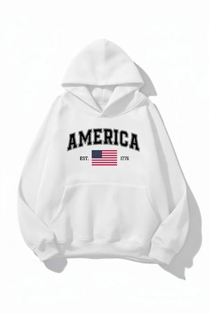 Unisex Yumuşak Dokulu America Baskılı Tasarım Oversize 3 İplik Hoodie Sweatshirt