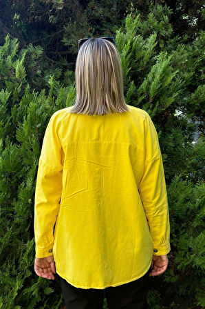 Oversize Yırtık Detay Sarı Gabardin Gömlek Ceket