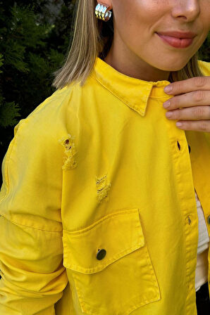 Oversize Yırtık Detay Sarı Gabardin Gömlek Ceket