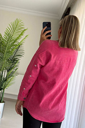 Oversize Beyaz Kalp Nakışlı Fuşya Gabardin Gömlek Ceket