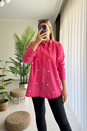 Oversize Beyaz Kalp Nakışlı Fuşya Gabardin Gömlek Ceket