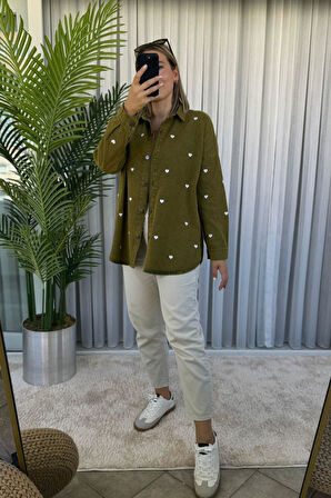 Oversize Beyaz Kalpli Haki Kot Gabardin Gömlek Ceket