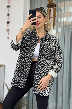 Gri Leopar Kot Gabardin Gömlek Ceket