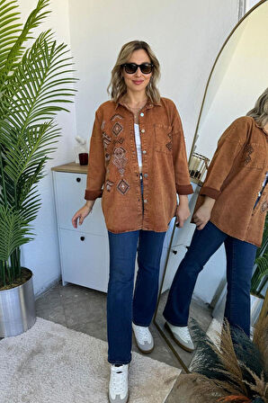 Oversize Etnik Desen Nakışlı Kahve Gabardin Gömlek Ceket