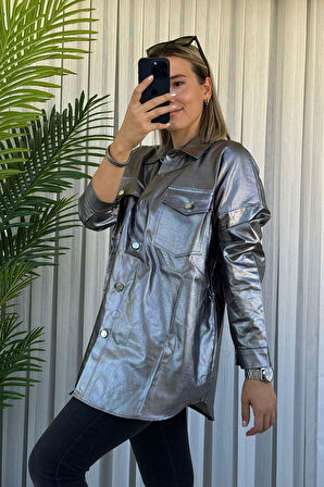 Oversize Varaklı Gri Gabardin Gömlek