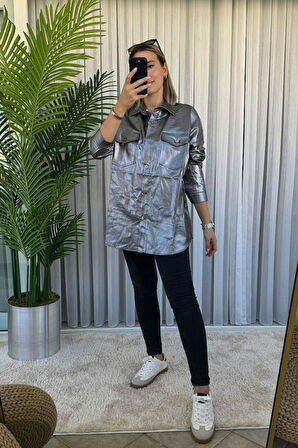 Oversize Varaklı Gri Gabardin Gömlek