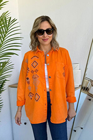 Oversize Etnik Desen Nakışlı Oranj Gabardin Gömlek Ceket