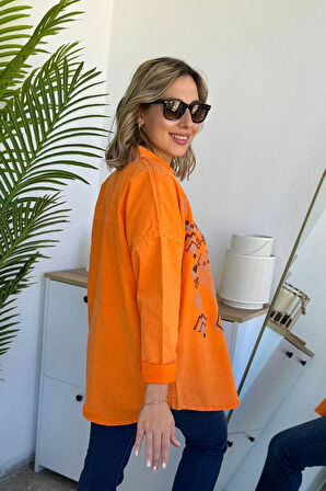 Oversize Etnik Desen Nakışlı Oranj Gabardin Gömlek Ceket