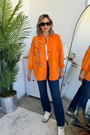 Oversize Etnik Desen Nakışlı Oranj Gabardin Gömlek Ceket