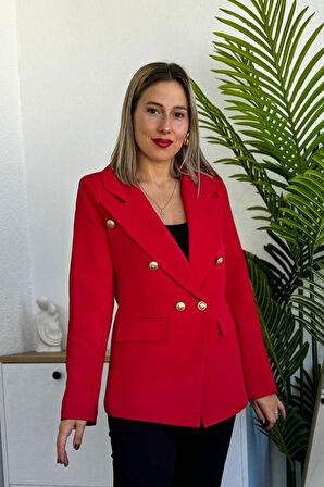 Kruvaze Kırmızı Blazer Düğmeli Cepli Ceket