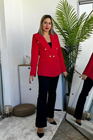Kruvaze Kırmızı Blazer Düğmeli Cepli Ceket
