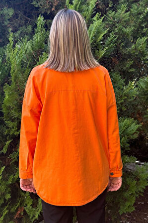 Oversize Yırtık Detay Turuncu Gabardin Gömlek Ceket