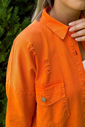 Oversize Yırtık Detay Turuncu Gabardin Gömlek Ceket