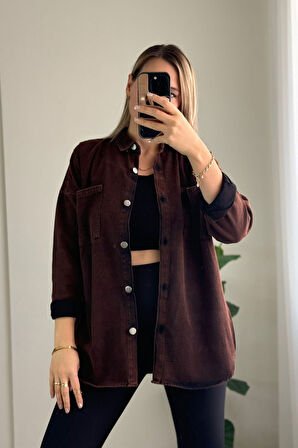 Oversize Uzun Kol Bakır Gabardin Gömlek Ceket