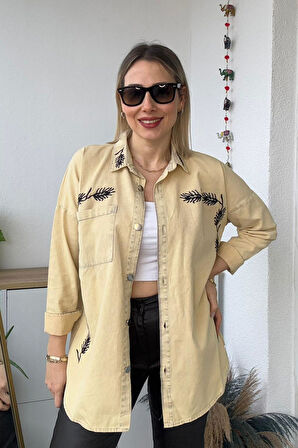 Oversize Başak Nakış Desen Taş Gabardin Gömlek