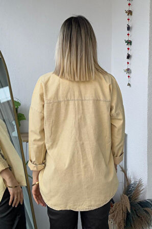 Oversize Başak Nakış Desen Taş Gabardin Gömlek