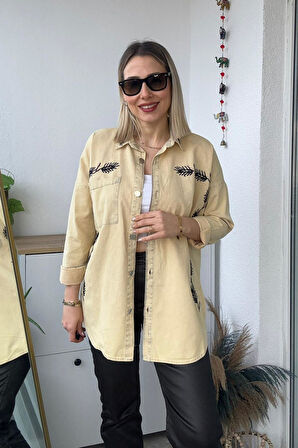 Oversize Başak Nakış Desen Taş Gabardin Gömlek
