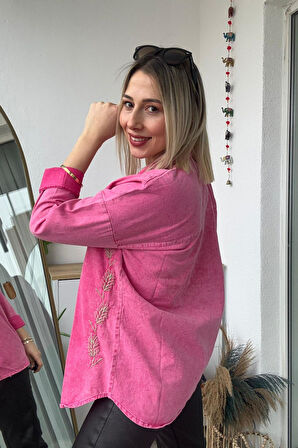 Oversize Başak Nakış Desen Fuşya Gabardin Gömlek