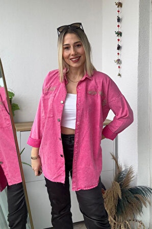 Oversize Başak Nakış Desen Fuşya Gabardin Gömlek
