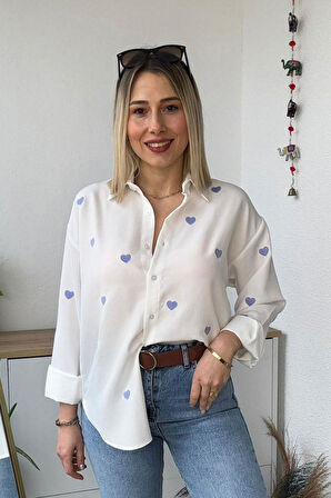 Önü Mavi Kalp Nakışlı Uzun Kol Keten Gömlek