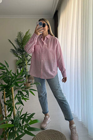 Çizgili Uzun Kol Keten Kumaş Pembe Gömlek