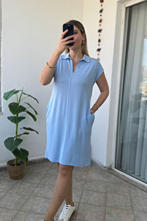 Polo Yaka Kolsuz Cepli Mavi Diz Boy Modal Elbise